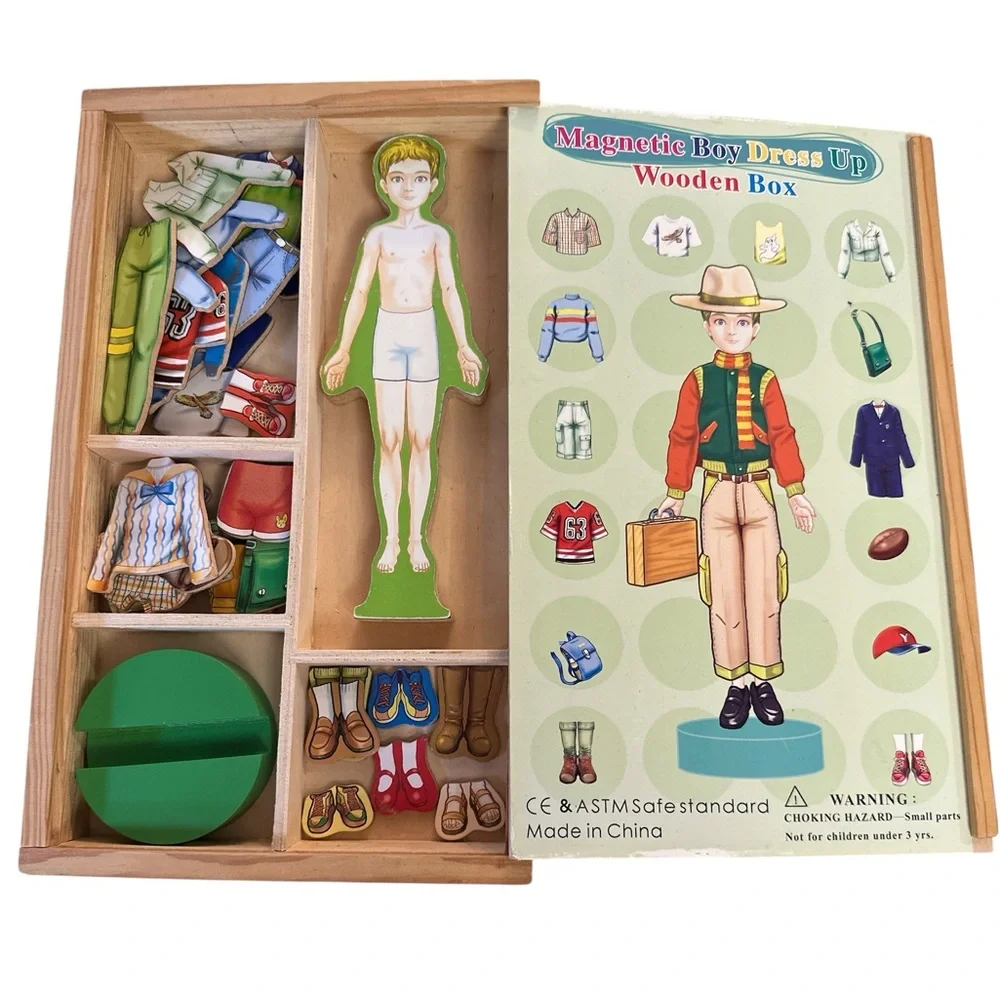 Magnetic Boy Dress Up Wooden Box, Model, Stand, and Clothing Items Used